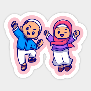 Cute Girl And Boy Moslem Celebrating Ied Mubarak Cartoon Sticker